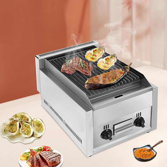 Commercial Countertop Gas Grill, 60,000 BTU Stainless Steel Flat Top Griddle with Cast Iron Grates, for Restaurant, Outdoor BBQ, Patio & Backyard Cooking, Silver