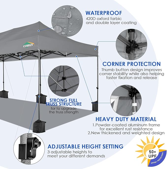 COBIZI 10x30 Heavy Duty Pop up Canopy Party Tent for Parties Weddings Events UPF 50+ Waterproof Commercial Gazebo with Roller Bag, Gray