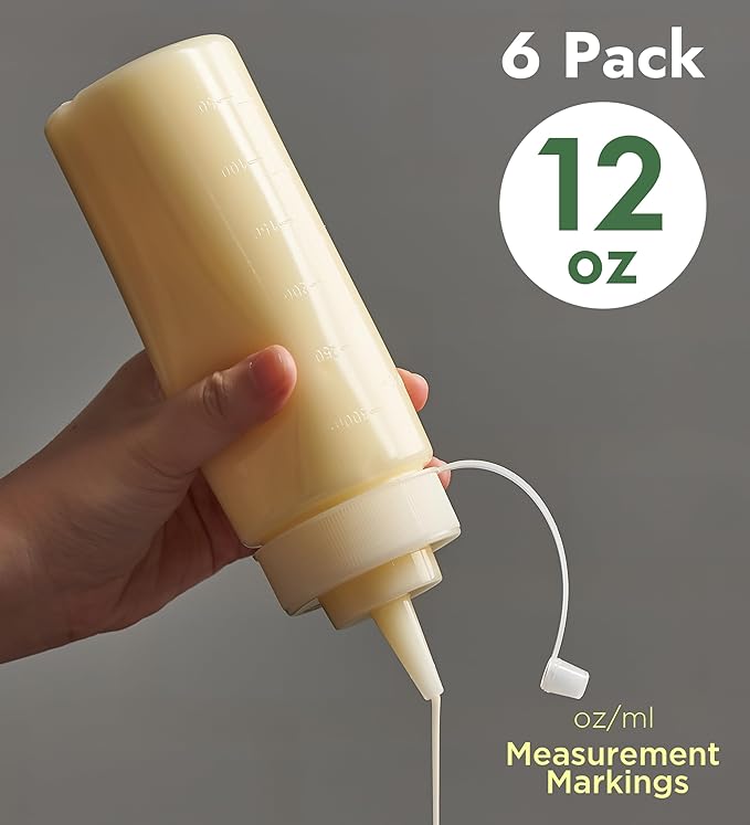 CURTA 6-Pack 12 oz Clear Squeeze Bottle with Cap, BPA-Free Easy-to-Squeeze Plastic Condiment Dispenser with oz & ml Markings for Sauce, Oil, Dressing, Dishwasher Safe, White