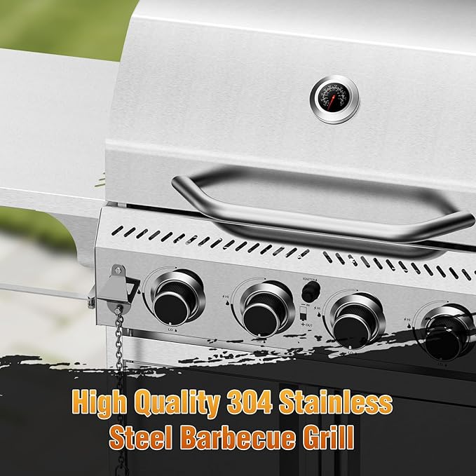 Kismile 4-Burner Gas Grill,Propane Grill with Folding Side Shelf,Heavy-Duty Thickened Stainless Steel Grill,32,000 BTU BBQ Grill for Outdoor Cooking,Barbecue,Garden and Patio Backyard