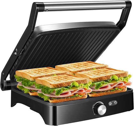 OSTBA Panini Press Grill with Adjustable Temperature,4-Slice Indoor Grill, 180° Open Sandwich Maker with Drip Tray, Non-Stick Plates, Stainless Steel, 1200W