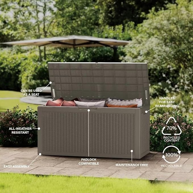 320 Gallon Outdoor Storage Box Patio Deck Box Waterproof, Resin Lockable Outside Large Storage Bin for Pool Cushion Furniture, Garden Tools UV-Resistant, Grey