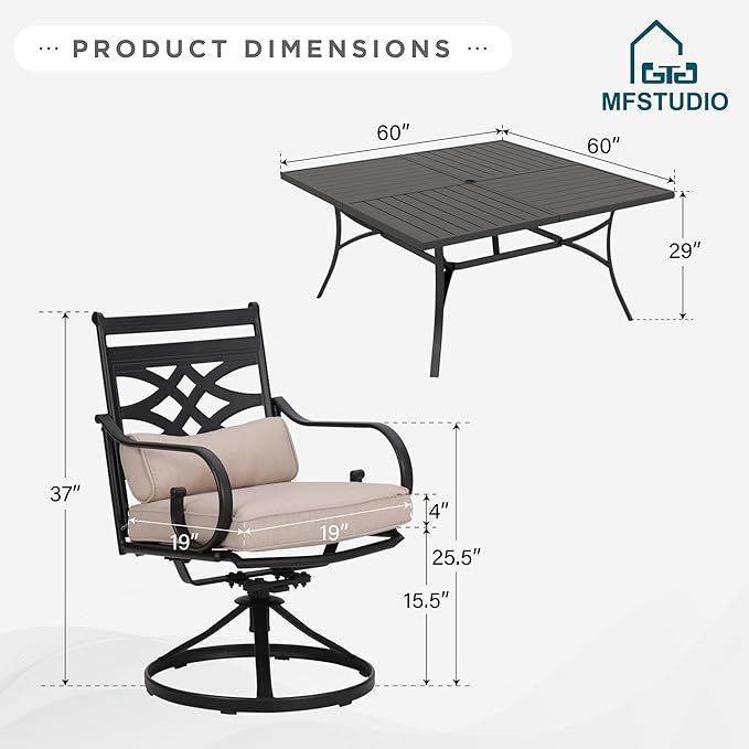 MFSTUDIO Patio Dining Sets for 8, Patio Table and Chairs Set with Umbrella Hole, Patio Furniture Set with Square Table & Swivel Chairs, 9 Piece Outdoor Dining Set for Deck, Poolside, Backyard, Garden