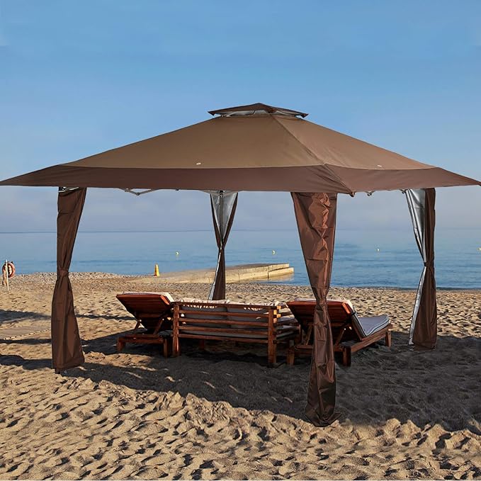 MFSTUDIO 13X13 Outdoor Pop Up Canopy Outdoor Canopy Tent, Easy Set-up Straight Leg Folding Instant Shelter for Beach,Party and Camping, 169 Sq. Ft of Shade, Brown