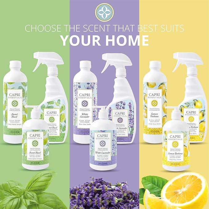 CAPRI ESSENTIALS All Purpose Cleaner, Natural Household Cleaning Supplies, Plant Based Kitchen Counter Surface Spray, Removes Dirt & Grime, Blend of Essential Oils, Sweet Basil 23 FL Oz (2 Pack)