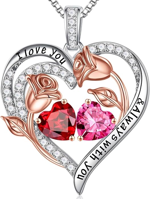 Iefil Christmas Gifts for Women Wife - 925 Sterling Silver Rose Heart Birthstone Necklace Birthday Anniversary Jewelry Gifts for Her Wife Mom Daughter