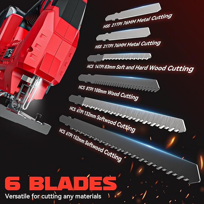 Ecarke Cordless Jig Saw Compatible With Milwaukee 18V Battery, Brushless, 4 Orbital Sets, 7 Speeds Dial Control, Dust-Blowing, ±45° Bevel Cuts, LED Light and 6PCS Blades For Cutting (Without Battery)