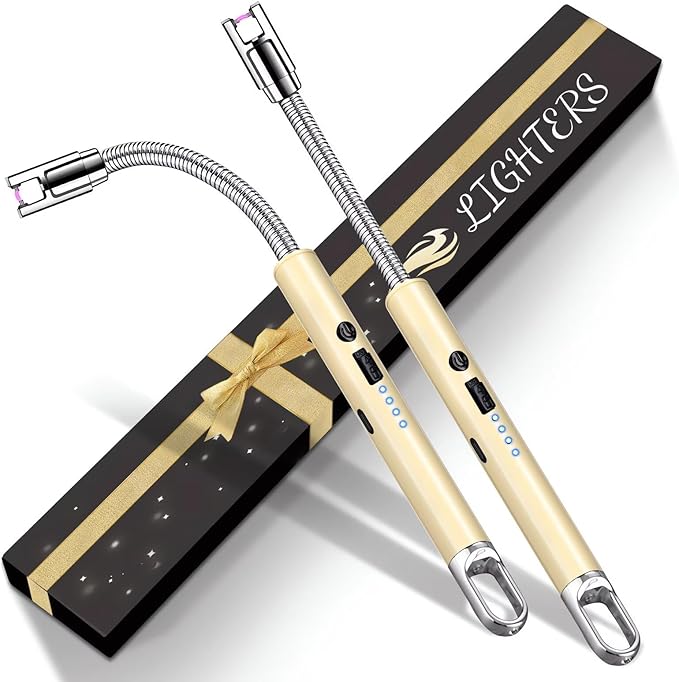 2 PCS Electric Lighter, Candle Lighter Arc Windproof Flame-Less with 360° Flexible Neck & LED Power Display, Type-C Rechargeable for BBQ, Grill, Camping, Fireplace, Stove (Gold)