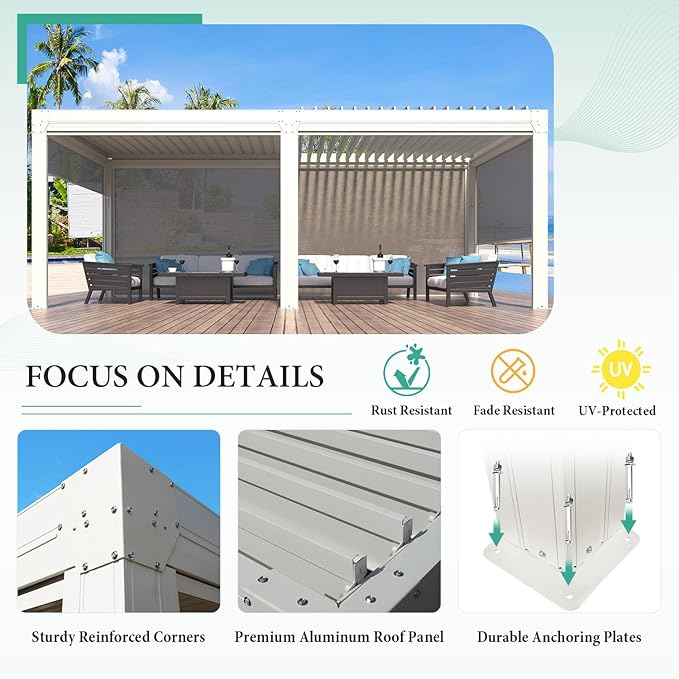 YOLENY Louvered Pergola and 6 Pull-Down Screens, 10x20FT All Aluminum Pergola with Adjustable Rainproof Roof, Outdoor Sun Shade Shelter for Patio, Weatherproof, White