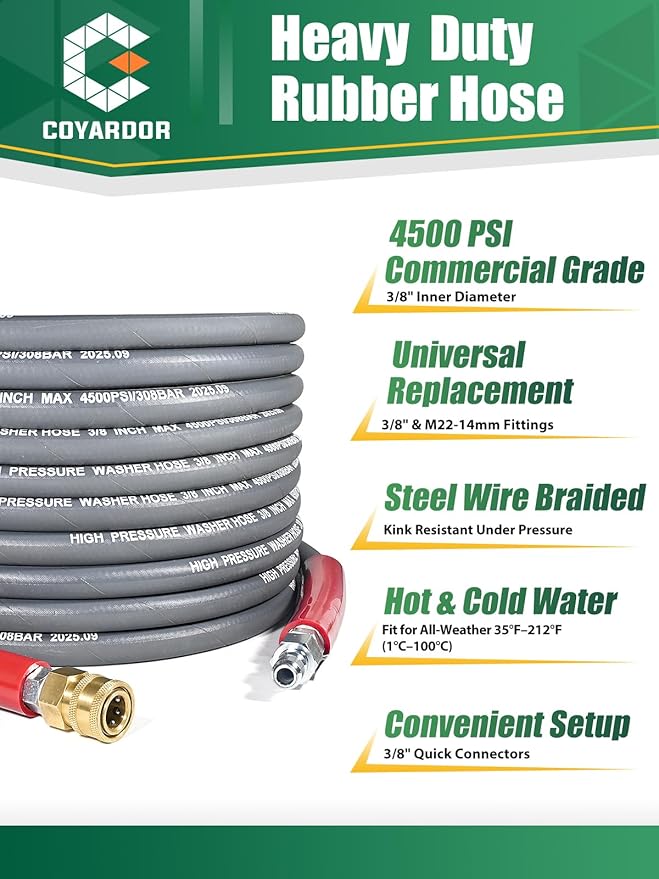 3/8″ Pressure Washer Hose 50 FT — 4500 PSI Steel-Braided Non-Marking Rubber | For Hot & Cold Water, Quick-Connect With M22 Fittings, Industrial-Grade Replacement for Gas Pressure Washers