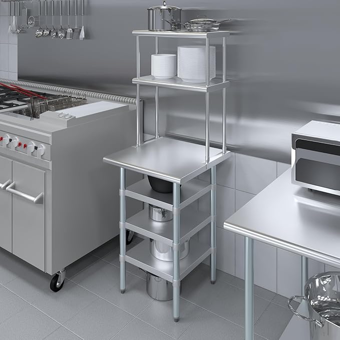 Amgood 24" x 24" Stainless Steel Work Table with 3 Shelves and 12" Wide Double Tier Overshelf | Metal Kitchen Prep Table & Shelving Combo | NSF