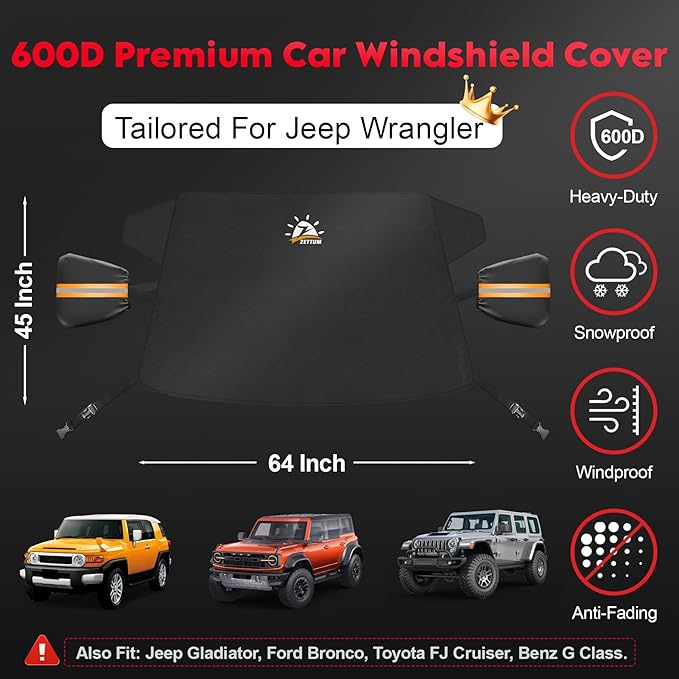 Zettum Car Windshield Snow Cover for Jeep Wrangler - 600D Car Windshield Snow Ice Cover Front Window Covers for Jeep Wrangler, Jeeps Gladiator, Ford Bronco, Toyota FJ Cruiser, Benz G Class, and More