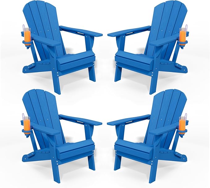 Folding Adirondack Chairs with Cup Holders, Set of 4 HDPE Plastic Outdoor Chairs, Weather Resistant, Real Wood Look, Heavy-Duty Patio Furniture for Deck, Fire Pit, Backyard, Blue