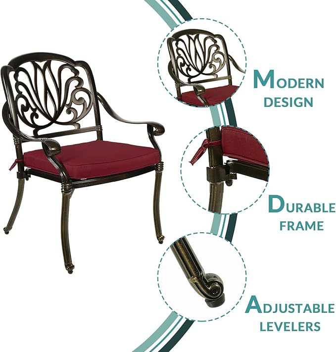 MEETWARM 3 Piece Patio Bistro Set, Outdoor All-Weather Cast Aluminum Dining Furniture Set Includes 2 Cushioned Chairs and a 35.4” Round Table with Umbrella Hole for Garden Deck, Chili Red