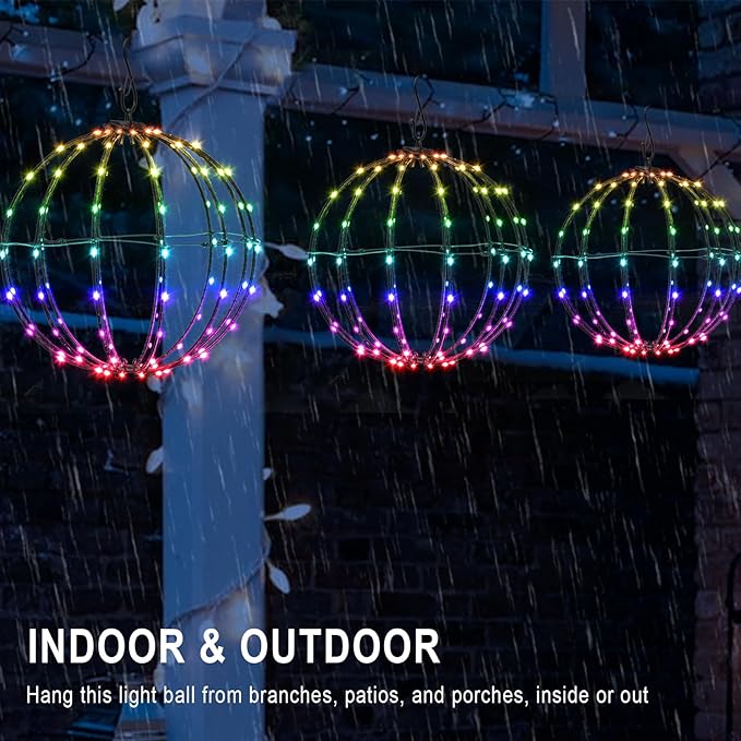 3 Pack 12” Outdoor/Indoor LED Christmas Light Balls, Smart Hanging Tree Decor Sphere Lights, Dimmer Color Changing, App & Remote Control, Timer, Waterproof, Holiday, Patio, Wedding Decor