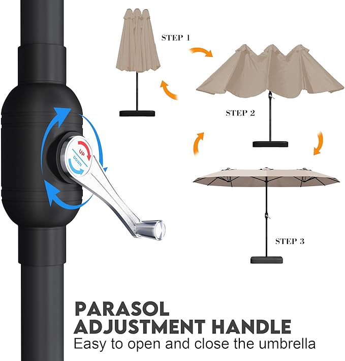 15ft Patio Umbrella with Base,Large Outdoor Double-Sided Rectangle Umbrella with Crank Handle, Market Umbrella for Poolside Garden Deck Backyard Beach Pools, Beige