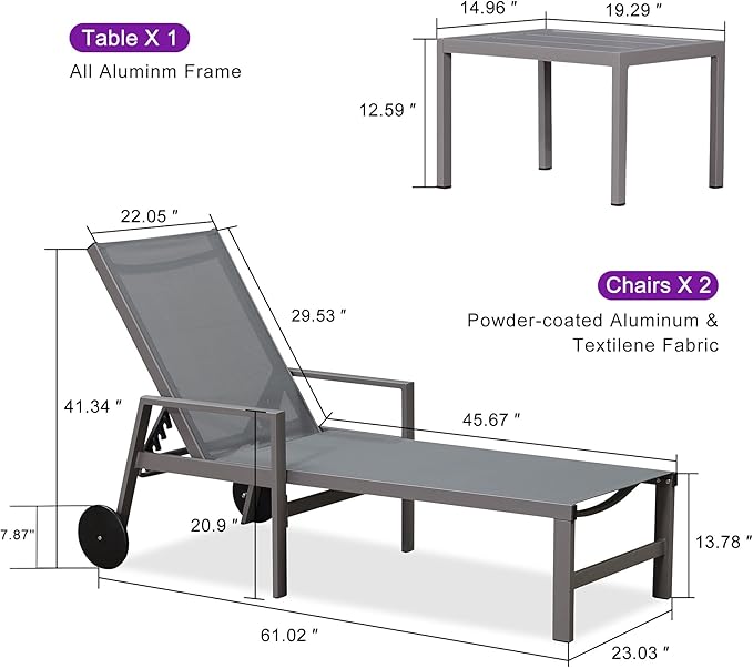 PURPLE LEAF Outdoor Chaise Lounge Set for 2 Aluminum Patio Chaise Lounger Chairs with Armrest and Wheels Adjustable Pool Chaise Lounge Chair for Beach Yard Poolside Table Included, Grey