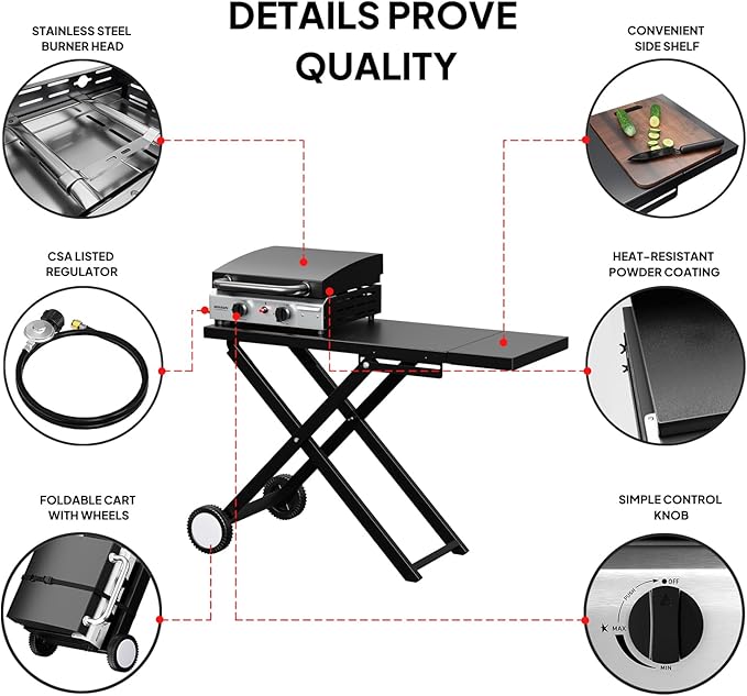 ROVSUN 20000 BTU Foldable Flat Top Gas Grill with Cart, Enameled Tray & Lid, 2 Burner Portable Rolling Propane Griddle with Electronic Ignition & Regulator for Outdoor Cooking Camping BBQ Tailgating