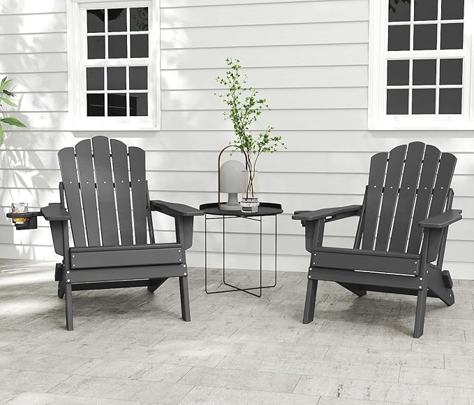 FOOWIN Adirondack Chair Set of 8, Folding Adirondack Chair with Cup Holder, HDPE All-Weather Fire Pit Chair for Patio, Garden, Backyard, Poolside, Grey