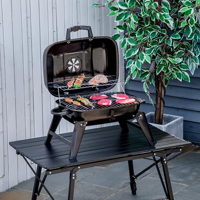 14" Portable Charcoal Grill for Outdoor Cooking, Tabletop BBQ Grill with Enamel Coating & Folding Legs,Compact Camping Grill for Tailgating, Picnics (Lightweight 8 Lbs, Black)