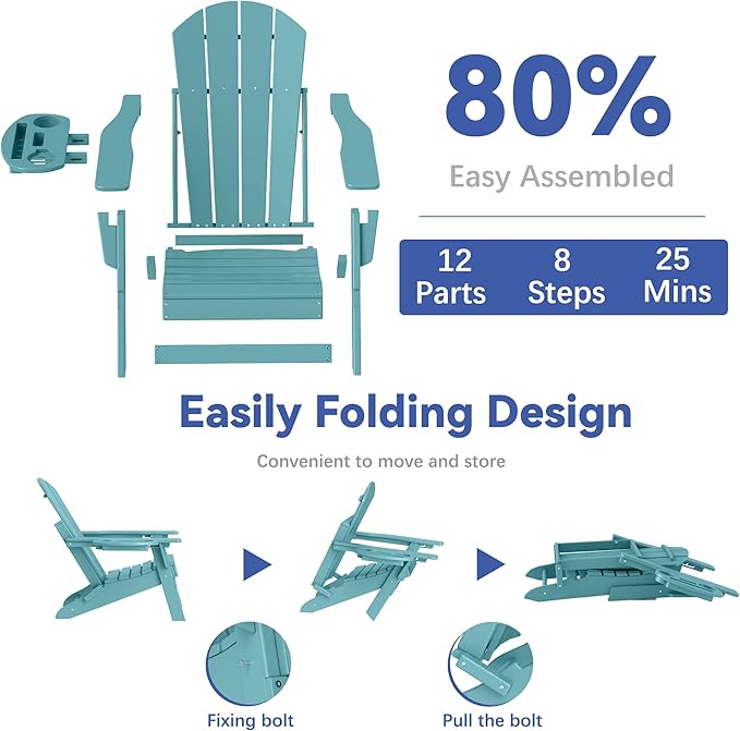 FOOWIN Folding Adjustable Adirondack Chair Set of 8,HDPE Adirondack Chair w/4 in 1 Cup Holder Trays,All-Weather Resistant Fire Pit Chair, Outdoor Chair for Patio Lawn Poolside,400lbs,Lake Blue
