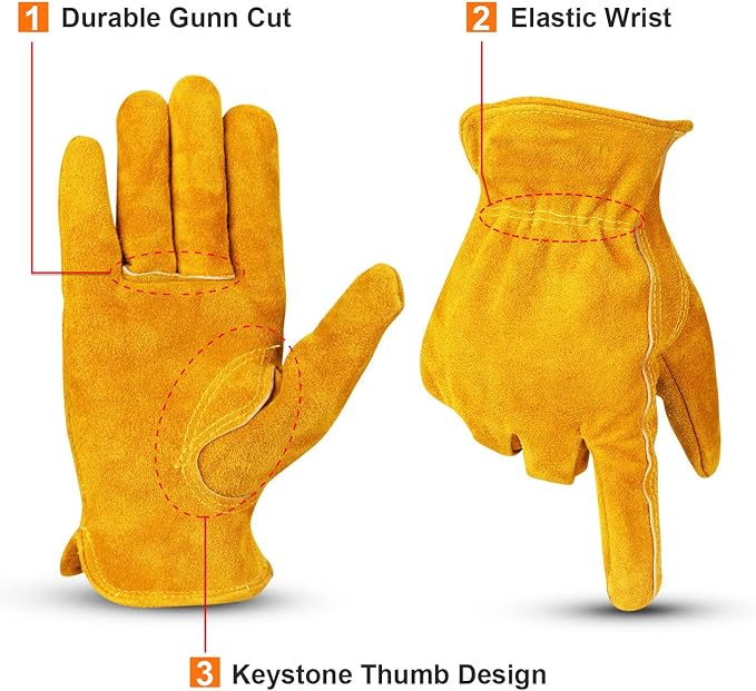OZERO Leather Work Gloves Flex Grip Tough Cowhide Gardening Glove for Men and Women (Large, Gold With Mesh Linning)