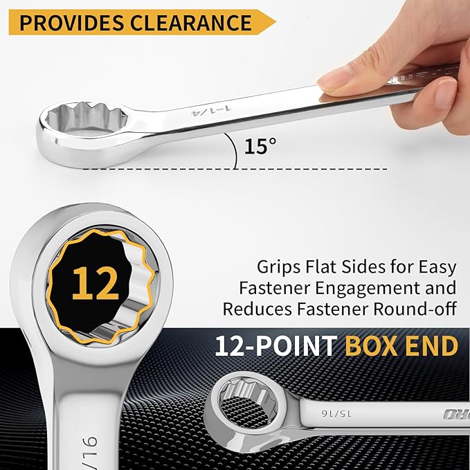 SAE Wrench Set, Large Wrench Set, 7-Piece 15/16", 1", 1-1/16", 1-1/8", 1-3/16", 1-1/4" Long Big Open End Wrench Tools Set Roll Up Pouch Organizer with Gauge, 12 Point Combination Wrenches Sets