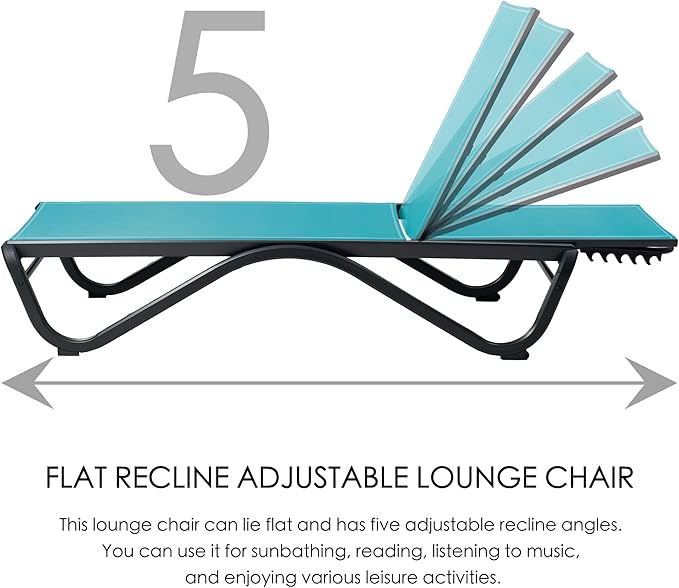 Kozyard Patio Chaise Lounge Chair Full Alumium Outdoor Reclining Adjustable Chair Flat Lounge Chair for Poolside,Sunbathing, Poolside, Beach Aqua Textilene