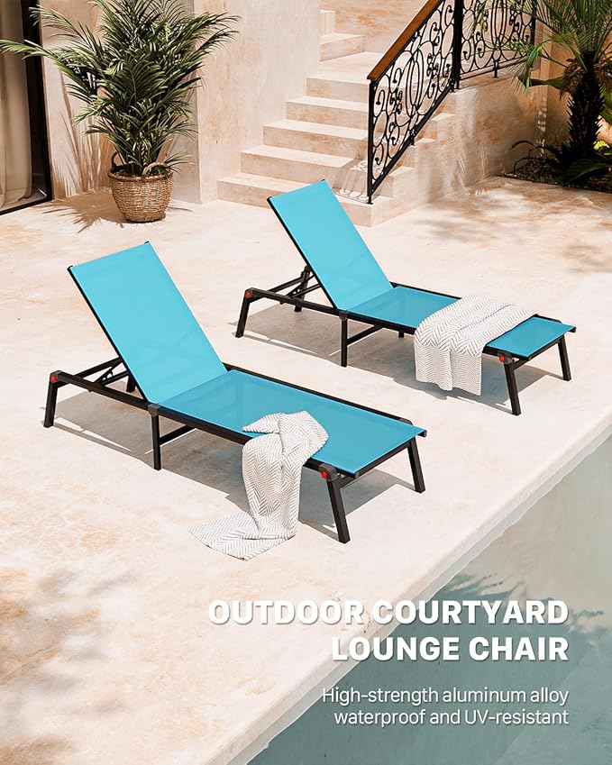 Aluminum Patio Chaise Lounge Chair Set of 2 with Side Table,5-Position Adjustable Backrest,Foldable Lounge Chair Outdoor,Pool Lounge Chairs for Poolside,Lawn,Deck,Beach (Blue, 2 Pack+Table)