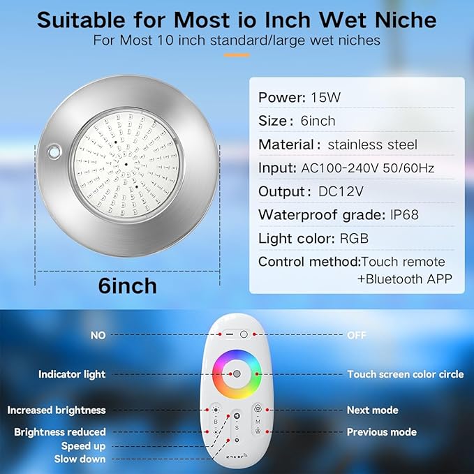 Large LED Pool Lights Multicolor IP68 Swimming Inground Pools RGB Stainless Steel Color Changing Underwater for Wet Niche, APP Control & Remote Control, Easy Install (6''-RGB-30W, 100FT)