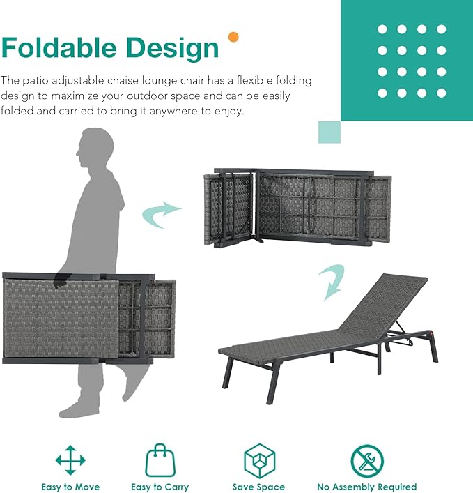 Patiorama Patio Chaise Lounge Set of 4, Aluminum Outdoor Folding Lounge Chair, All-Weather PE Rattan Wicker Adjustable Reclining Lounge Chair for Outside,Portable Sun Lounger for Beach Lawn Pool-Grey