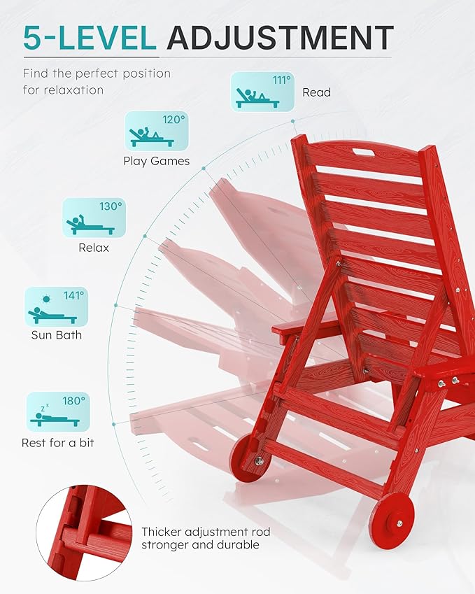 Chaise Lounge Chair Outdoor with Wheels, Oversize Patio Lounge Chairs with Wood Texture, 5-Position Plastic Lounge Chairs Set of 4-Red(Separate Delivery)