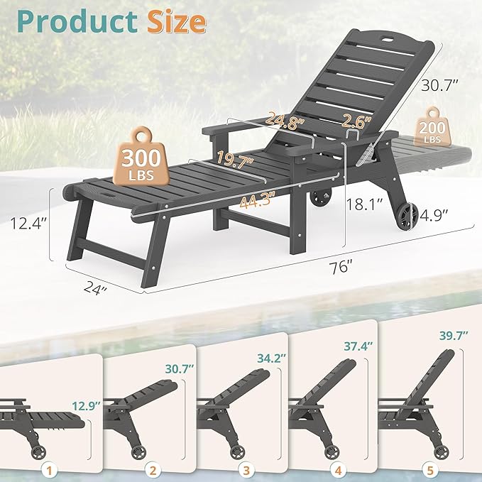 LUE BONA Outdoor Chaise Lounge Chairs Set of 4, HDPS Chaise Lounger, 5 Positions Adjustable Lounge Chairs, Pool Lounge Chair with Wheels for Poolside, 3 Year Warranty, Dark Gray