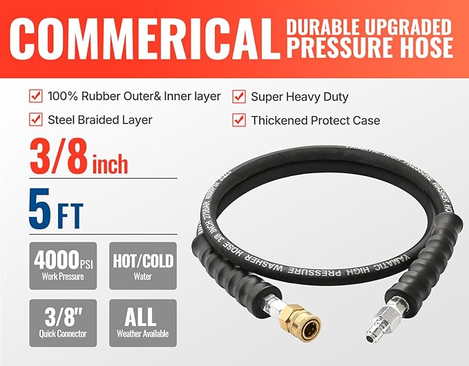 YAMATIC Pressure Washer Whip Hose 5FT, Hose Reel Connector 3/8" for Power Washing, Swivel 3/8" Quick Connector Jumper, 4000 PSI High Durability Cold Hot Water Max. 212°F