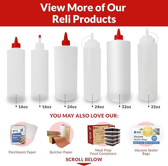 Reli. Plastic Squeeze Bottles, 32 oz. | 8 Pack | Condiment Squeeze Bottles for Sauces | Clear w/Tethered Caps | 32 Ounce Hot Sauce, Ketchup | Condiments, Olive Oil, Liquids