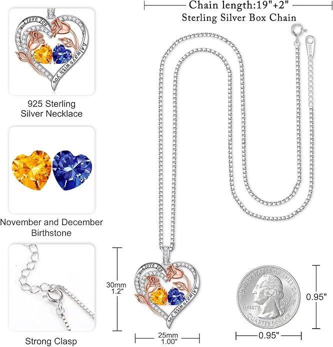 Iefil Christmas Gifts for Women Wife - 925 Sterling Silver Rose Heart Birthstone Necklace Birthday Anniversary Jewelry Gifts for Her Wife Mom Daughter