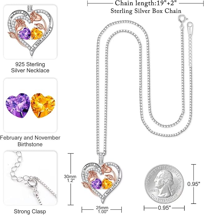 Iefil Christmas Gifts for Women Wife - 925 Sterling Silver Rose Heart Birthstone Necklace Birthday Anniversary Jewelry Gifts for Her Wife Mom Daughter