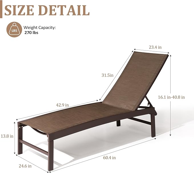 Patio Aluminum Chaise Lounge Chair, Set of 2 Outdoor Recliner Lounge Chair Sun Loungers, All Weather Chaise with 5 Adjustable Backrest and Lay Flat Positions for Garden, Balcony, Pool