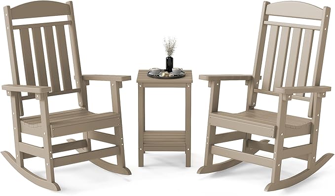 FOOWIN 3-Piece Outdoor Rocking Chairs Set, High Back Patio Rocker with Side Table, HDPE All Weather Resistant Oversized Rocking Chairs for Indoors, Porch, Patio, Backyard, Brown