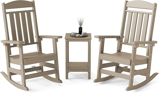 FOOWIN 3-Piece Outdoor Rocking Chairs Set, High Back Patio Rocker with Side Table, HDPE All Weather Resistant Oversized Rocking Chairs for Indoors, Porch, Patio, Backyard, Brown