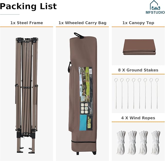 MFSTUDIO 13X13 Outdoor Pop Up Canopy Outdoor Canopy Tent, Easy Set-up Straight Leg Folding Instant Shelter for Beach,Party and Camping, 169 Sq. Ft of Shade, Brown