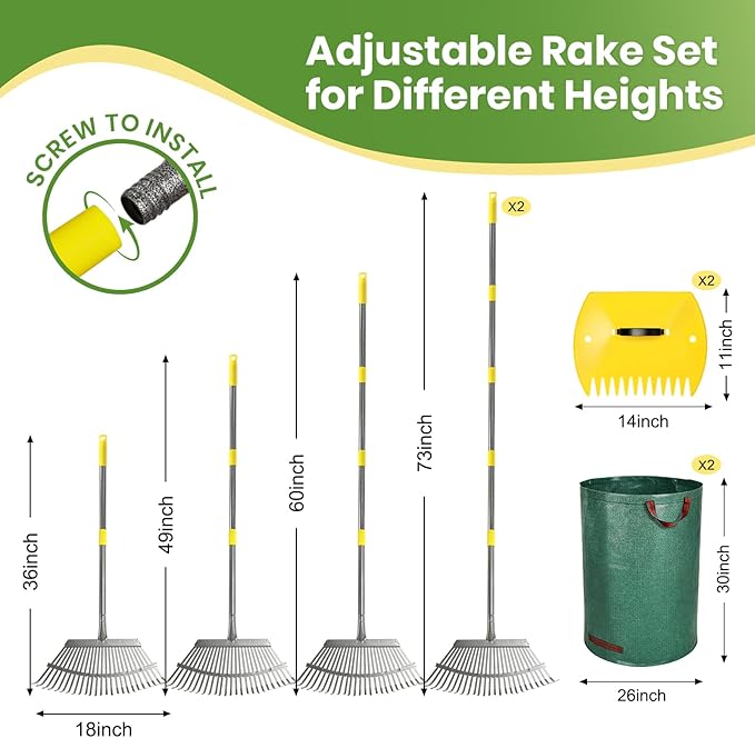 2 Pack Large 18" Wide Metal Leaf Rake, 25 Tines,73” Long Handle,Heavy Duty Graden Rakes Set for Lawn Yard Pine Needles Mulch Thatch Debris Cleanup Set with 2 Pack 72Gallon Leaf Bags and Scoops