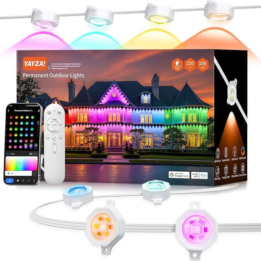 YAYZA! Permanent Outdoor Lights Pro,150ft 108 LED Smart RGB+IC+Warm/Cool White Christmas Eave Lights, 135lm, Music Sync & DIY Scenes, IP67 Waterproof for Outside Decor Works with Alexa,Google, Remote