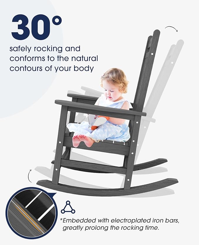 KINGYES Outdoor Rocking Chair Set of 4, All-Weather Patio Rocking Chairs for Porch, HDPE Rocking Outdoor Chairs with High Back for Adult, Heavy Duty Outdoor Patio Rockers for Garden, Lawn, Gray
