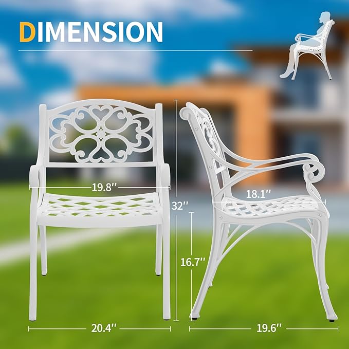 Cast Aluminum Patio Chairs Set of 2 Outdoor Dining Chairs,All Weather Metal Patio Bistro Chair with Adjustable Feet,Patio Dining Chair for Garden,White