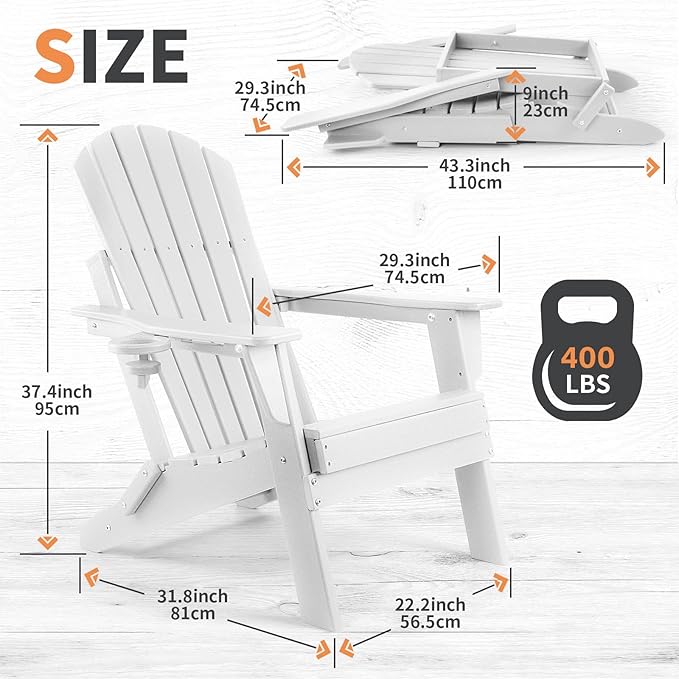 FUNBERRY Folding Adirondack Chair Set of 2, HDPE All Weather Fire Pit Chairs with Cup Holder for Outdoor