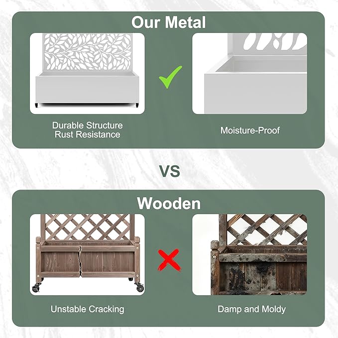 Metal Raised Garden Bed with Trellis Privacy Screen, Large Planters Box with Wheels & Drainage Holes for Climbing Plants (47" L×16" W×71" H, White Leaf)