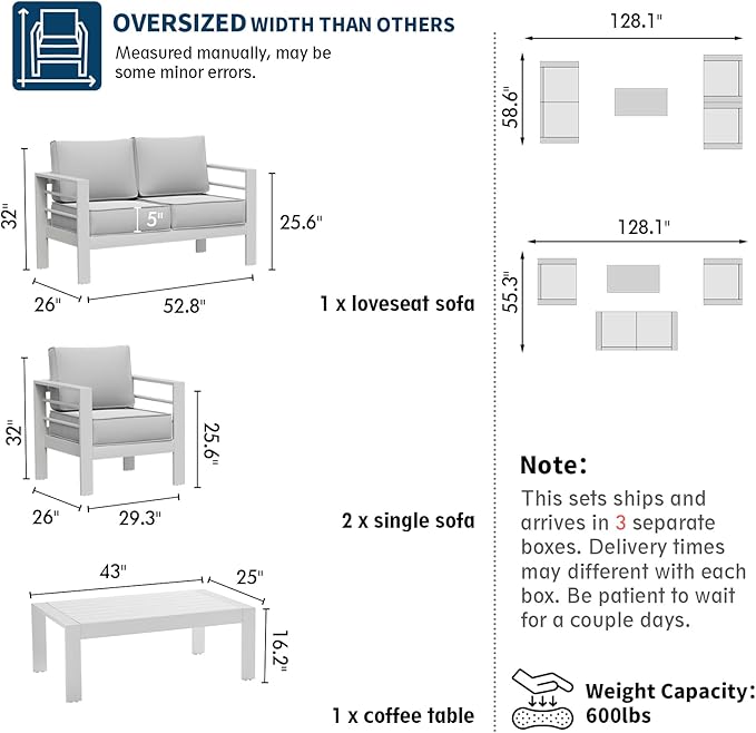 UDPATIO Aluminum Patio Furniture Set, 4 Seats Modern Outdoor Seating Set for Balcony(Include Waterproof Sofa Cover)