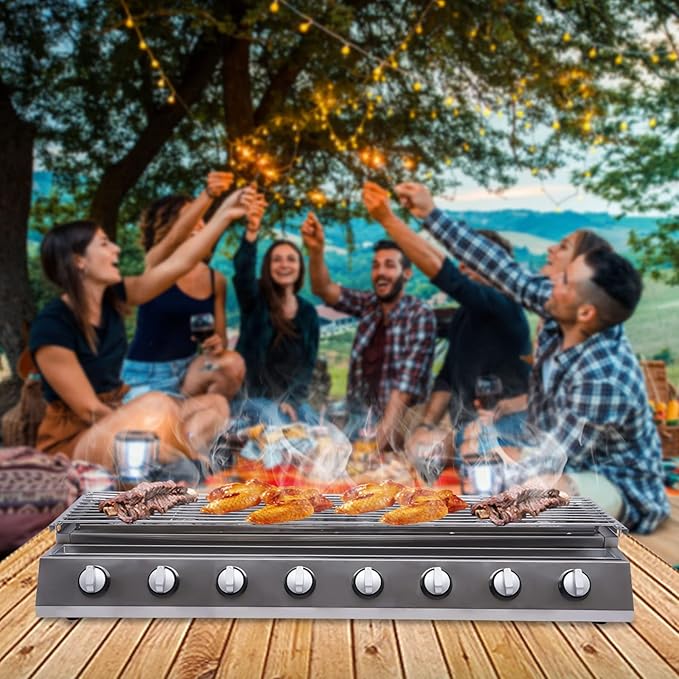 8-Burner Gas BBQ Grills, Stainless Steel Patio Garden Barbecue Grill with 8 Independent Burners and Switches, Tabletop Gas Grill for Restaurants, Outdoor Camping, Height Adjustable
