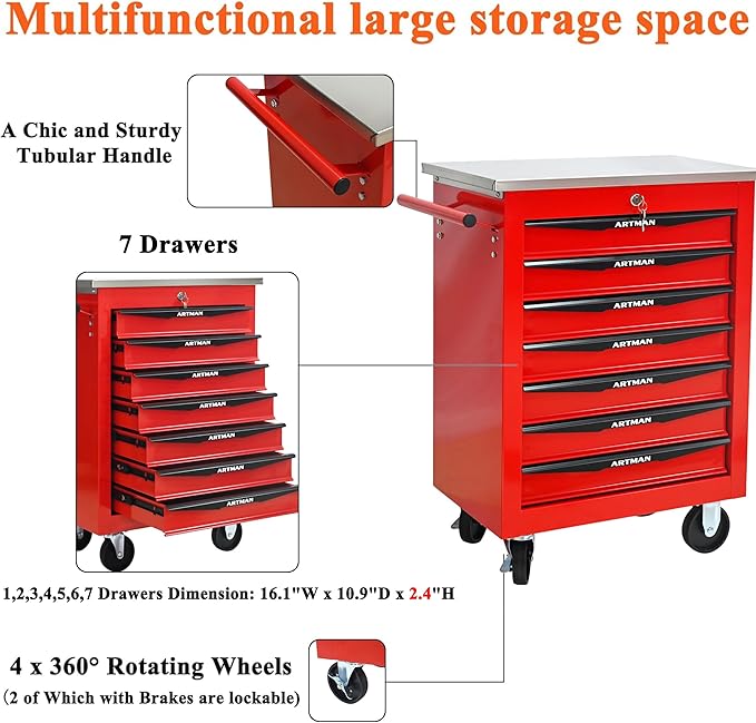 7 Drawers Rolling Tool Box on Wheels, Multifunctional Tool Cart, Drawers Rolling Trolley Organizer Tool Storage Chest for Garage,Workshop,DIY Multiple Interconnectable(4 Drawers-30.5" H)